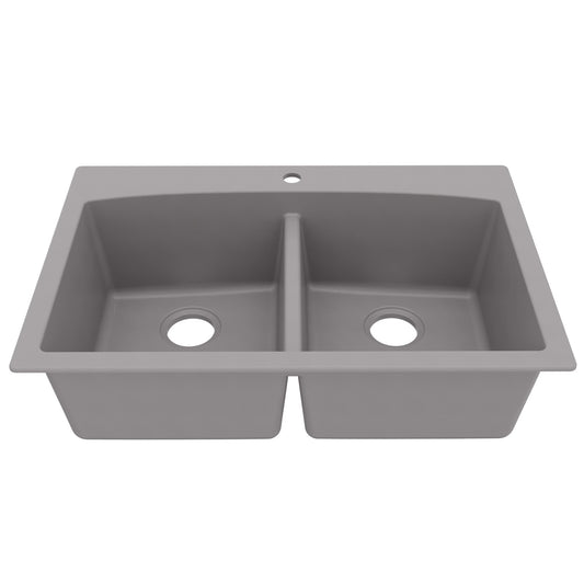 33" Top Mount Double Equal Bowl Quartz Composite Kitchen Sink In Grey