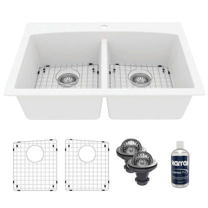 33" Top Mount Double Equal Bowl Quartz Composite Kitchen Sink Kit In White
