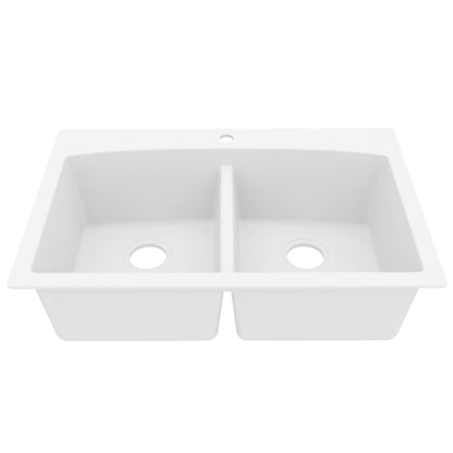 33" Top Mount Double Equal Bowl Quartz Composite Kitchen Sink In White
