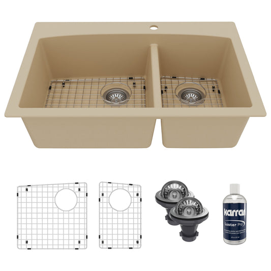 33" Top Mount Double Offset Bowl Quartz Composite Kitchen Sink Kit In Bisque