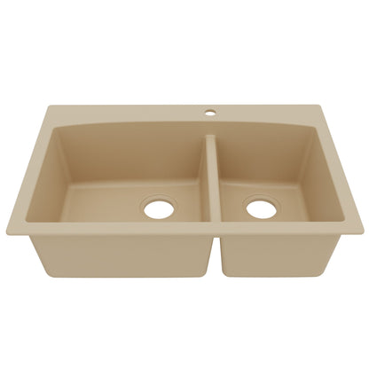 33" Top Mount Double Offset Bowl Quartz Composite Kitchen Sink In Bisque