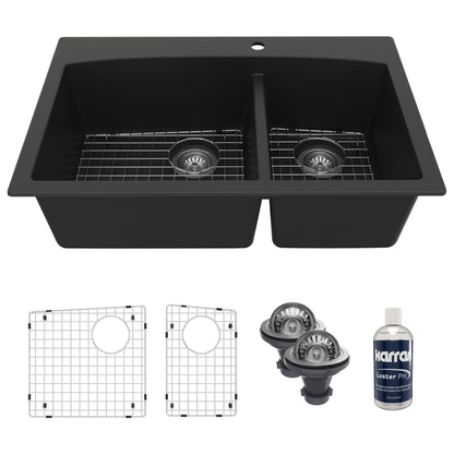 33" Top Mount Double Offset Bowl Quartz Composite Kitchen Sink Kit In Black