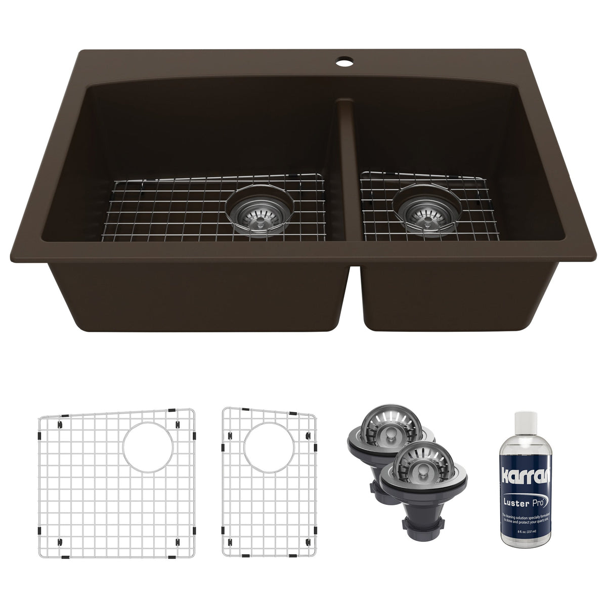 33" Top MountDouble Offset Bowl Quartz Composite Kitchen Sink Kit In Brown