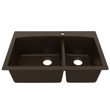 33" Top Mount Double Offset Bowl Quartz Composite Kitchen Sink In Brown