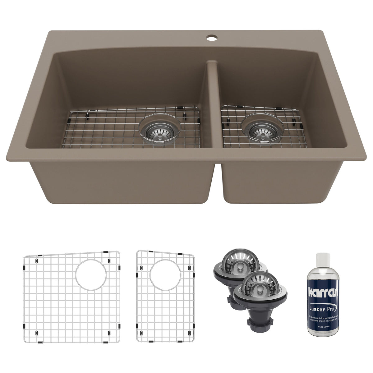 33" Top Mount Double Offset Bowl Quartz Composite Kitchen Sink Kit In Concrete