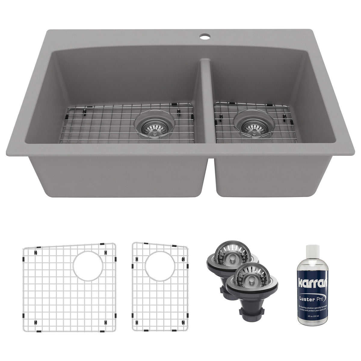 33" Top Mount Double Offset Bowl Quartz Composite Kitchen Sink Kit In Grey