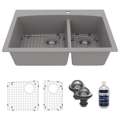 33" Top Mount Double Offset Bowl Quartz Composite Kitchen Sink Kit In Grey
