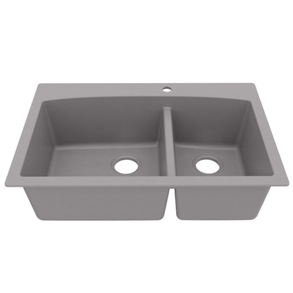 33" Top Mount Double Offset Bowl Quartz Composite Kitchen Sink In Grey