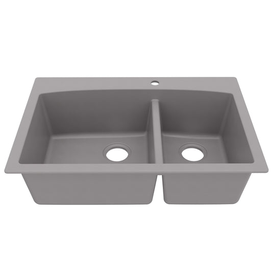 33" Top Mount Double Offset Bowl Quartz Composite Kitchen Sink In Grey
