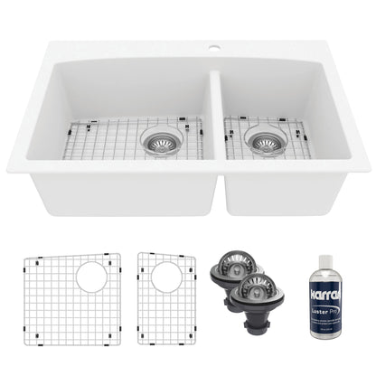 33" Top Mount Double Offset Bowl Quartz Composite Kitchen Sink Kit In White