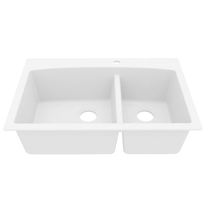33" Top Mount Double Offset Bowl Quartz Composite Kitchen Sink In White