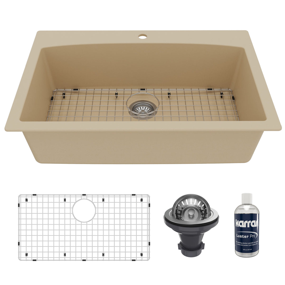 33" Top Mount Large Single Bowl Quartz Composite Kitchen Sink Kit In Bisque