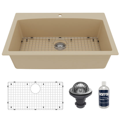 33" Top Mount Large Single Bowl Quartz Composite Kitchen Sink Kit In Bisque