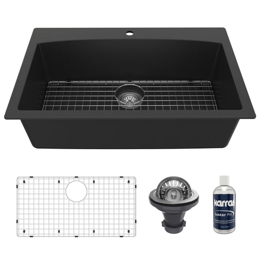 33" Top Mount Large Single Bowl Quartz Composite Kitchen Sink Kit In Black