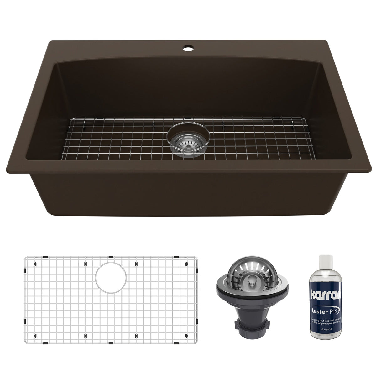 33" Top Mount Large Single Bowl Quartz Composite Kitchen Sink Kit In Brown
