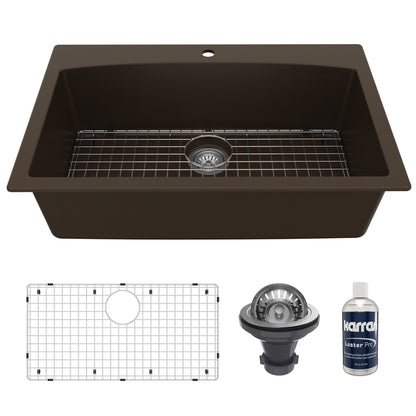 33" Top Mount Large Single Bowl Quartz Composite Kitchen Sink Kit In Brown