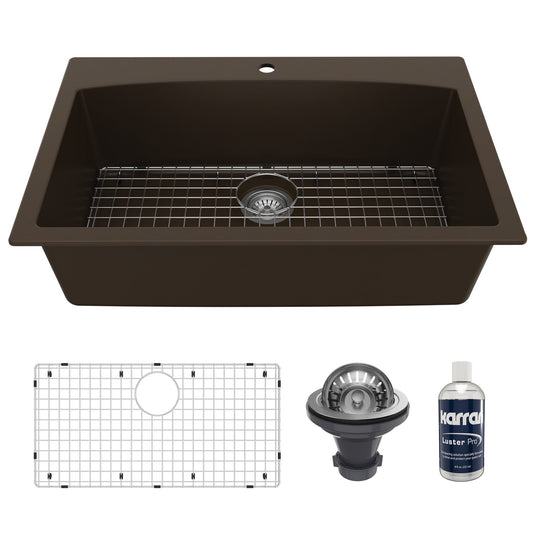 33" Top Mount Large Single Bowl Quartz Composite Kitchen Sink Kit In Brown