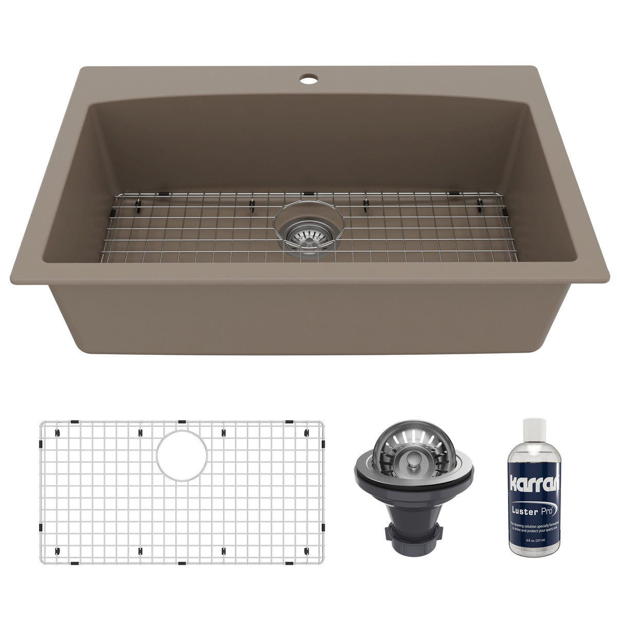 33" Top Mount Large Single Bowl Quartz Composite Kitchen Sink Kit Concrete
