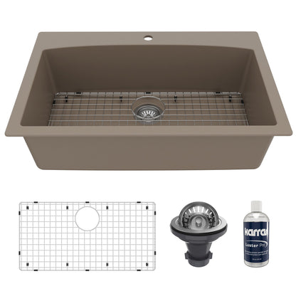 33" Top Mount Large Single Bowl Quartz Composite Kitchen Sink Kit Concrete