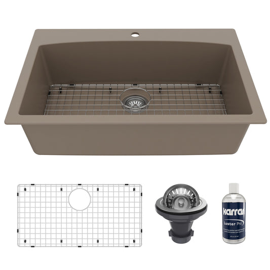 33" Top Mount Large Single Bowl Quartz Composite Kitchen Sink Kit Concrete