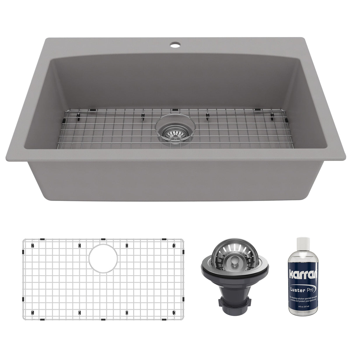 33" Top Mount Large Single Bowl Quartz Composite Kitchen Sink Kit Grey