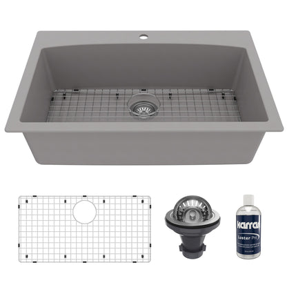 33" Top Mount Large Single Bowl Quartz Composite Kitchen Sink Kit Grey