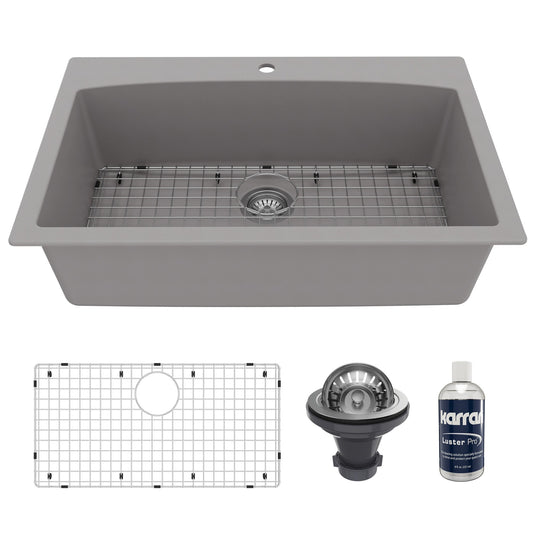 33" Top Mount Large Single Bowl Quartz Composite Kitchen Sink Kit Grey