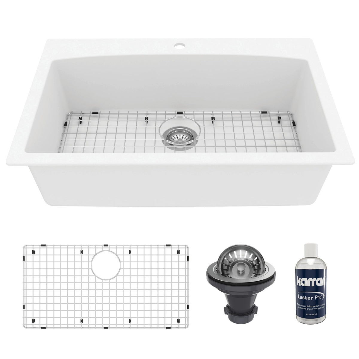 33" Top Mount Large Single Bowl Quartz Composite Kitchen Sink Kit White