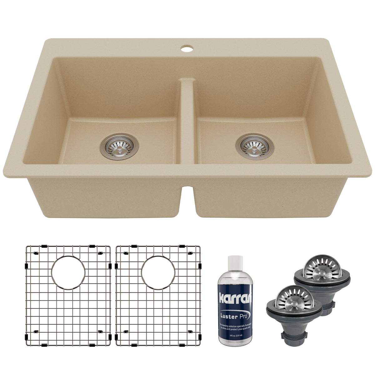 33" Top Mount Double Equal Bowl Quartz Composite Kitchen Sink Kit In Bisque