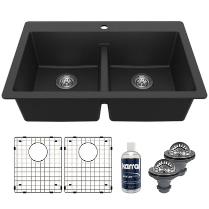 33" Top Mount Double Equal Bowl Quartz Composite Kitchen Sink Kit In Black