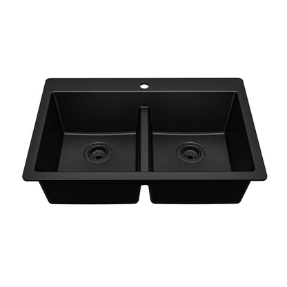 33" Top Mount Double Bowl Quartz Composite Kitchen Sink In Black
