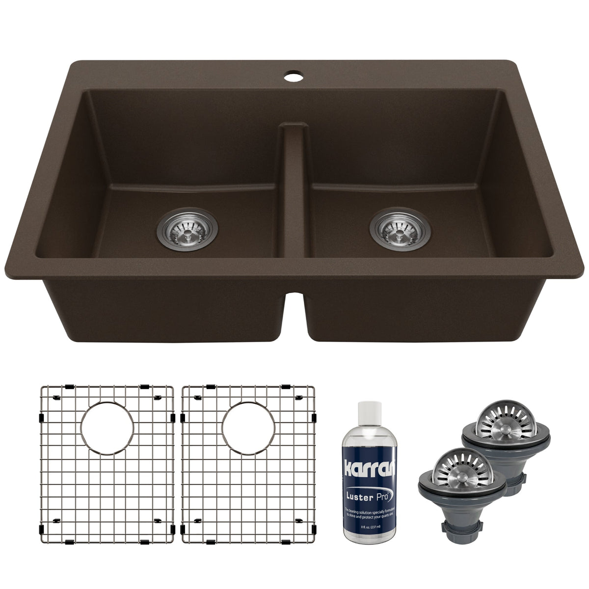33" Top Mount Double Equal Bowl Quartz Composite Kitchen Sink Kit In Brown