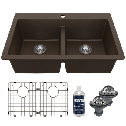 33" Top Mount Double Equal Bowl Quartz Composite Kitchen Sink Kit In Brown