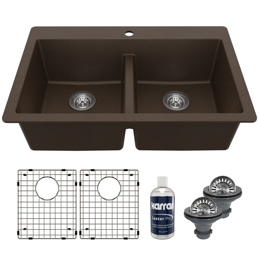 33" Top Mount Double Equal Bowl Quartz Composite Kitchen Sink Kit In Brown