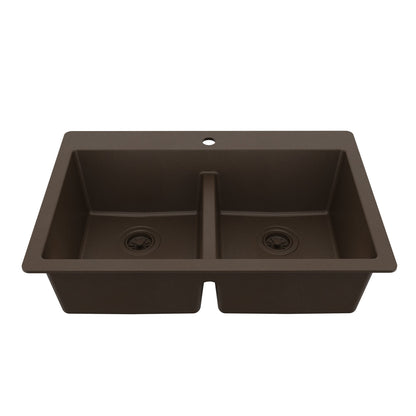 33" Top Mount Double Bowl Quartz Composite Kitchen Sink In Brown