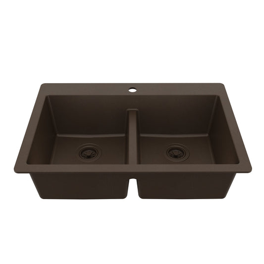33" Top Mount Double Bowl Quartz Composite Kitchen Sink In Brown