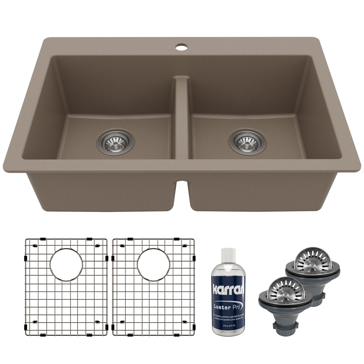 33" Top Mount Double Equal Bowl Quartz Composite Kitchen Sink Kit In Concrete