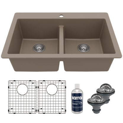 33" Top Mount Double Equal Bowl Quartz Composite Kitchen Sink Kit In Concrete