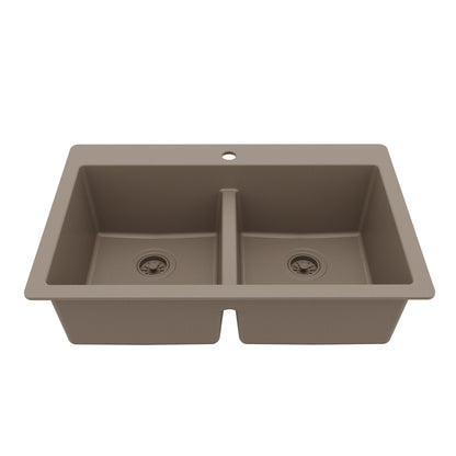 33" Top Mount Double Bowl Quartz Composite Kitchen Sink In Concrete
