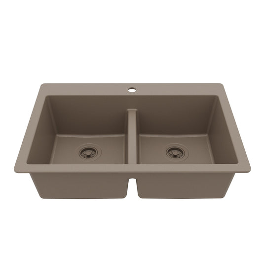 33" Top Mount Double Bowl Quartz Composite Kitchen Sink In Concrete