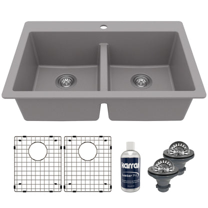 33" Top Mount Double Equal Bowl Quartz Composite Kitchen Sink Kit In Grey