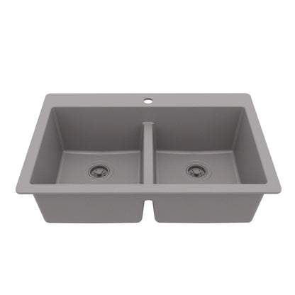 33" Top Mount Double Bowl Quartz Composite Kitchen Sink In Grey