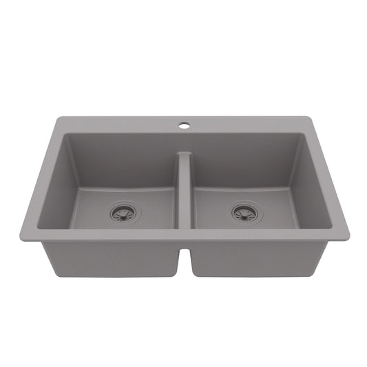 33" Top Mount Double Bowl Quartz Composite Kitchen Sink In Grey