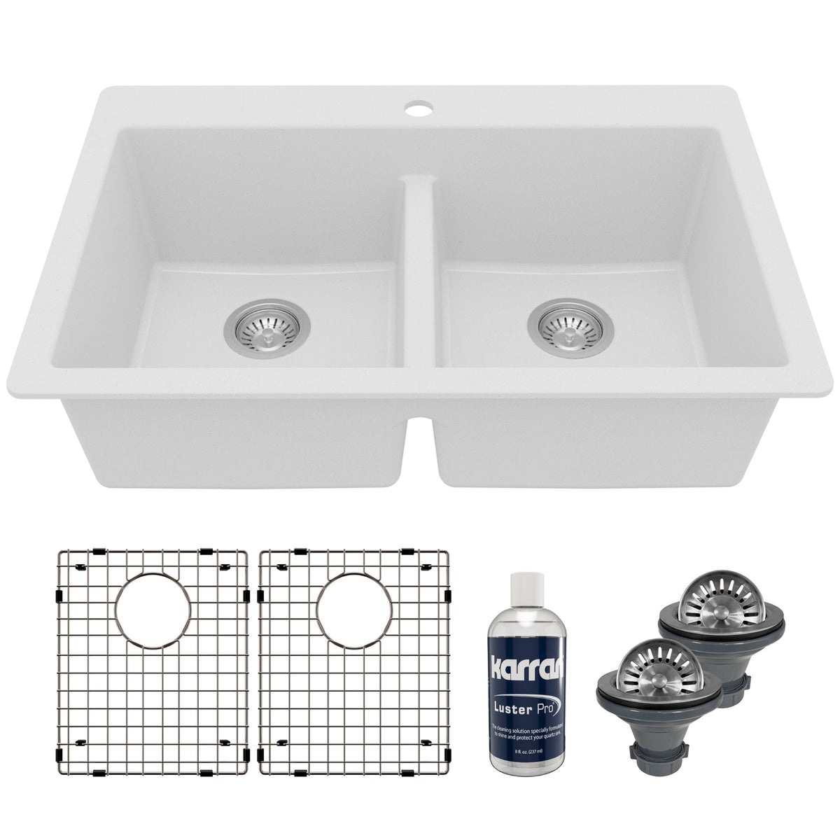 33" Top Mount Double Equal Bowl Quartz Composite Kitchen Sink Kit In White