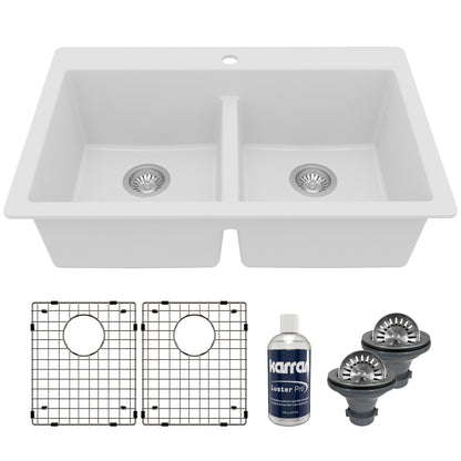 33" Top Mount Double Equal Bowl Quartz Composite Kitchen Sink Kit In White