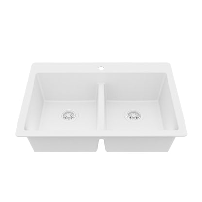 33" Top Mount Double Bowl Quartz Composite Kitchen Sink In White