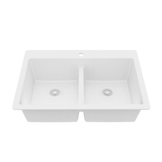 33" Top Mount Double Bowl Quartz Composite Kitchen Sink In White