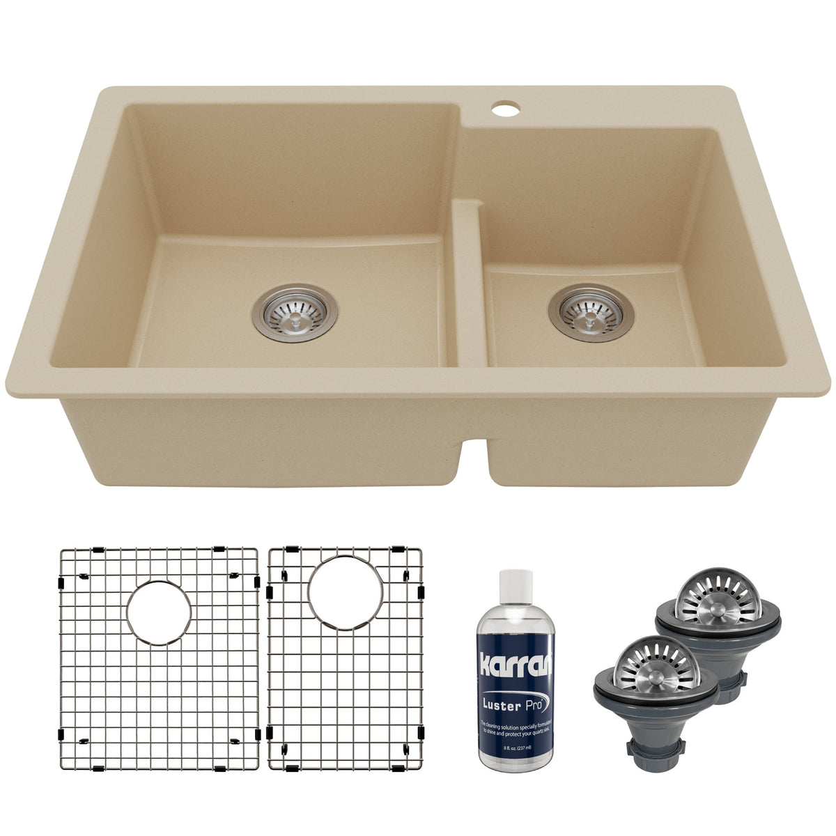 33" Top Mount Double Offset Bowl Quartz Composite Kitchen Sink Kit In Bisque
