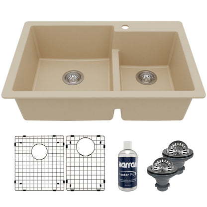 33" Top Mount Double Offset Bowl Quartz Composite Kitchen Sink Kit In Bisque