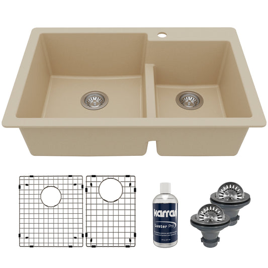 33" Top Mount Double Offset Bowl Quartz Composite Kitchen Sink Kit In Bisque